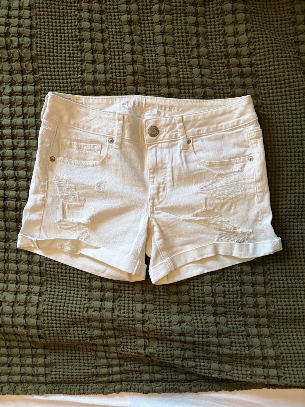 American Eagle Outfitters White Distressed Cuffed Denim Shorts